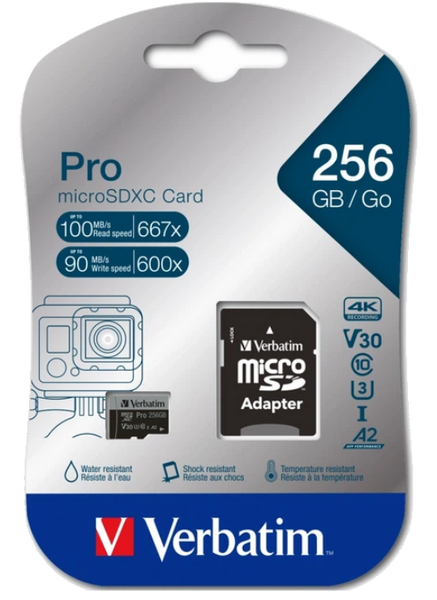 Memory card VERBATIM microSDXC Pro 256GB UHS-I U3 V30 A2 Class 10